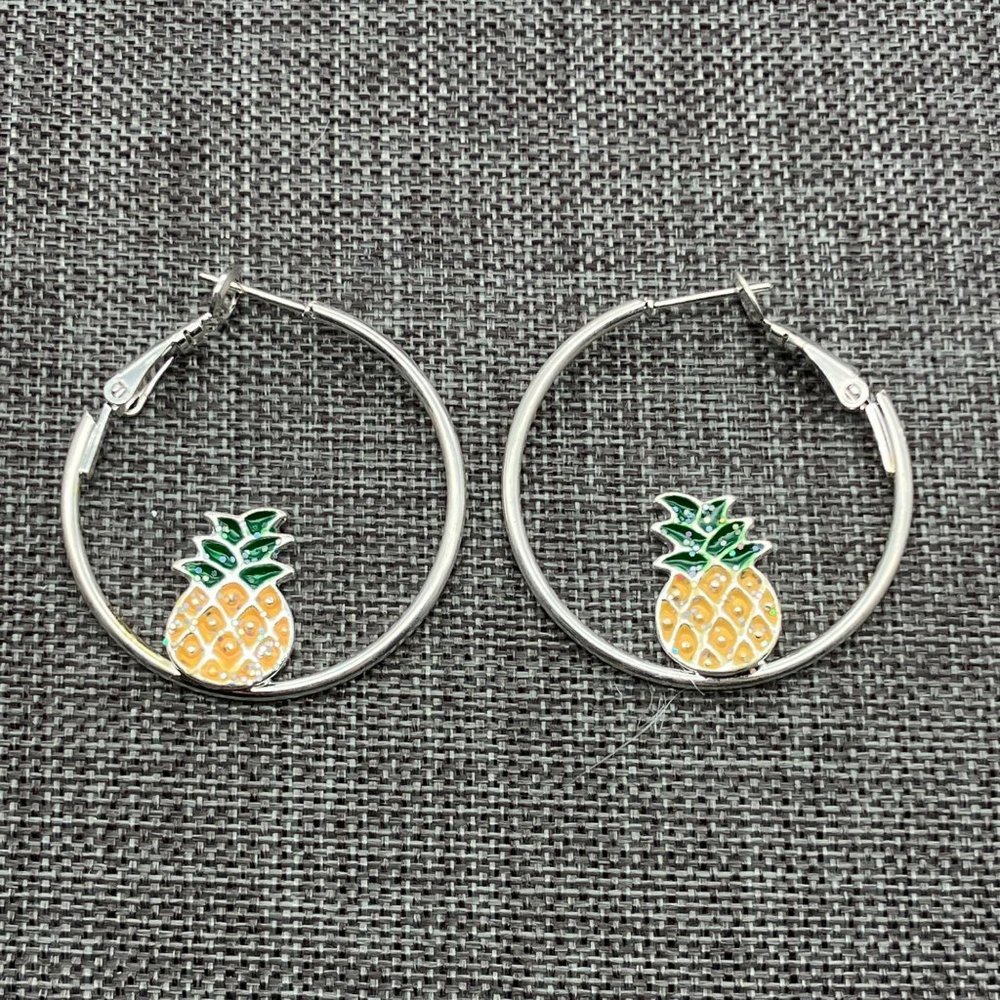 Hoop Pierced Earrings Silver Pineapple Md Green Yellow Enamel Iridescent Sparkle